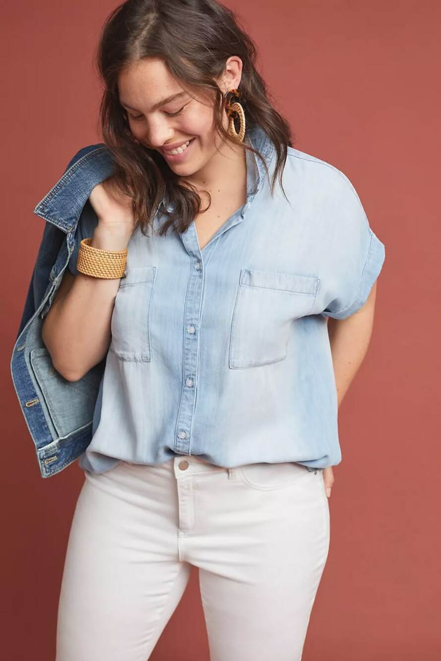 Anthropologie Cloth & Stone Laredo Flowy Chambray Pure Tencel Button Down Blouse